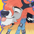 A male Reindeer Fursona, with braided hair and a fiery orange/red wild mane. His face is white and grey and he is doing the "Bleep" tongue out emote while smiling.